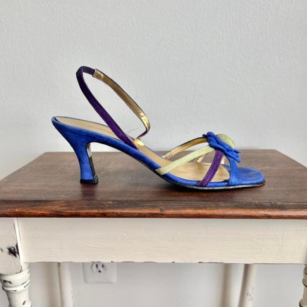 Y2K Blue / Green Flower Kitten Heel genuine leather suede size 9.5 slingback
